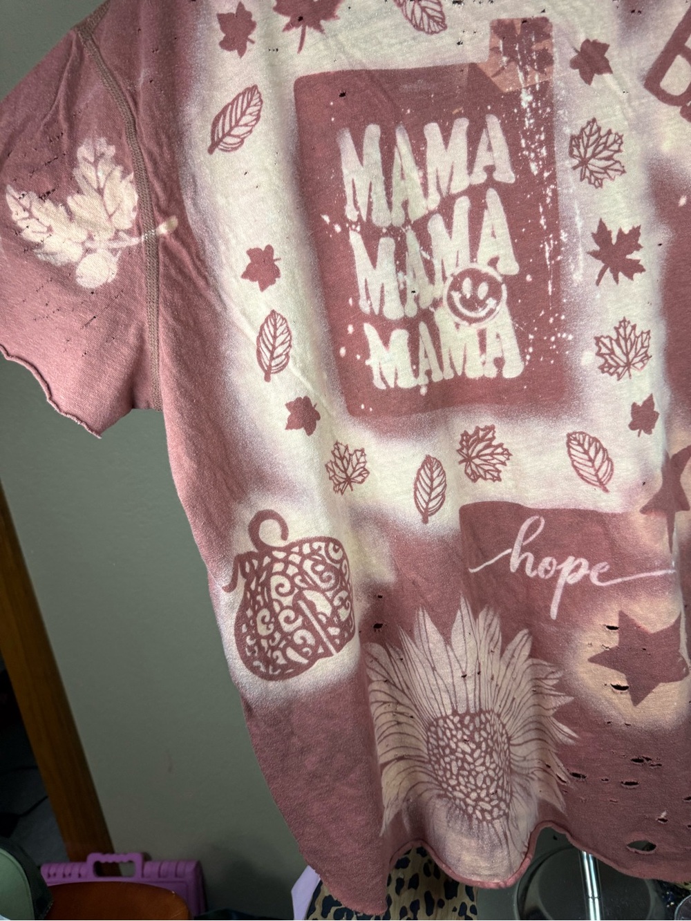 Ag custom bleached, and sliced Pumpkin 'MAMA' Tee - Dusty Rose, Original piece